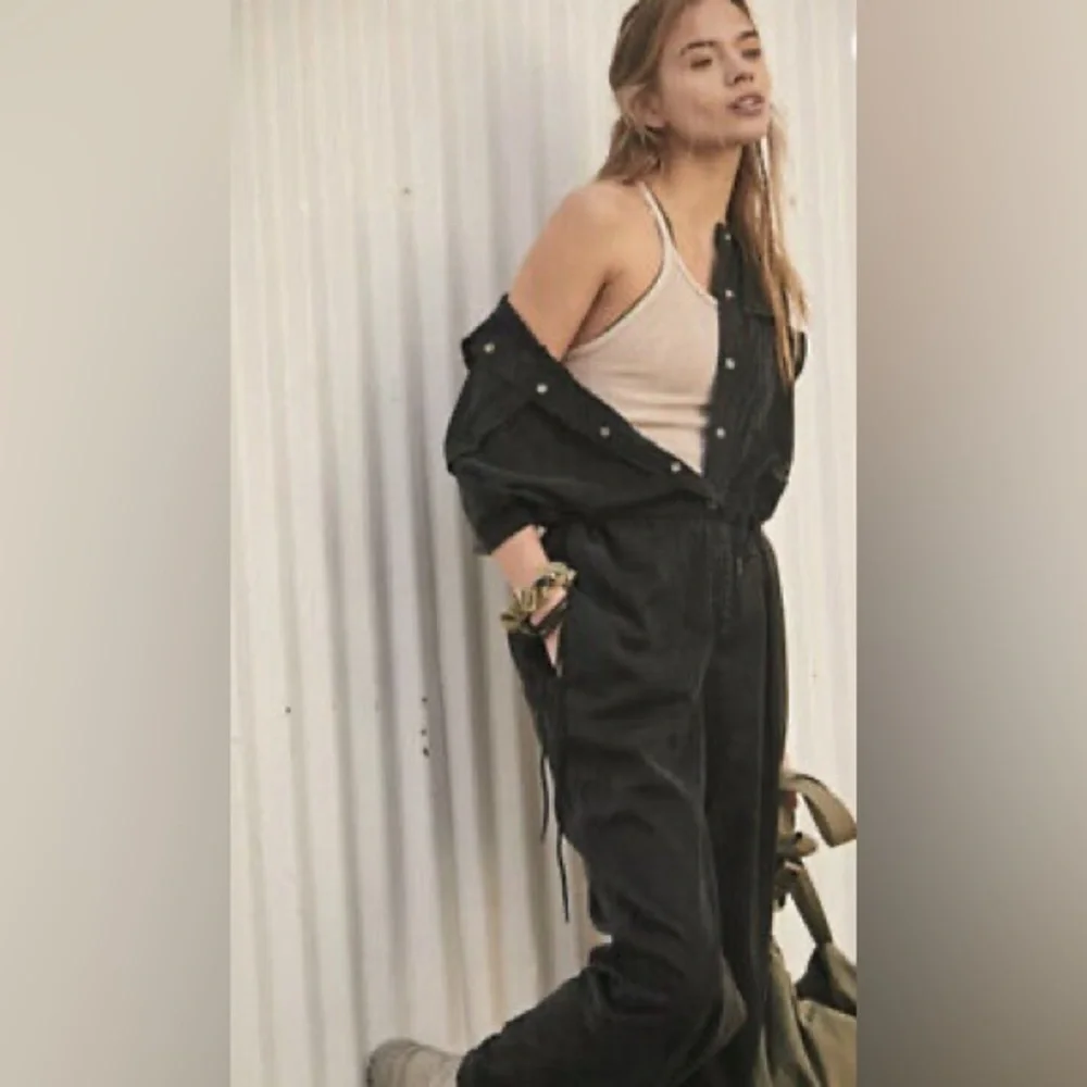 Free People FP Movement *Kali* black distressed snap front utility jumpsuit S